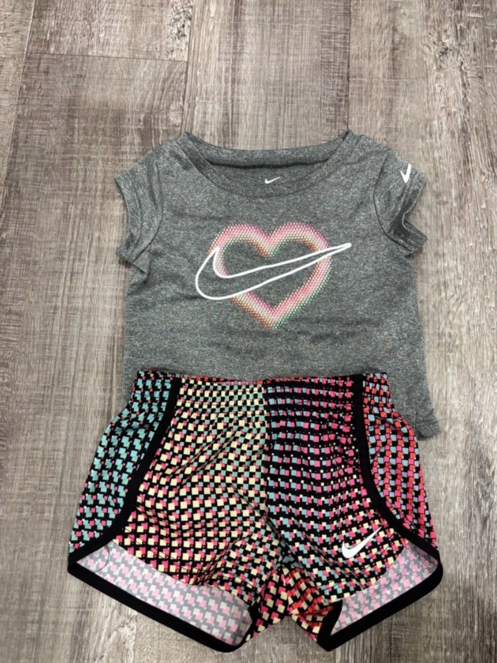 Nike Gray Tee with Multicolor Heart and Patterned Shorts